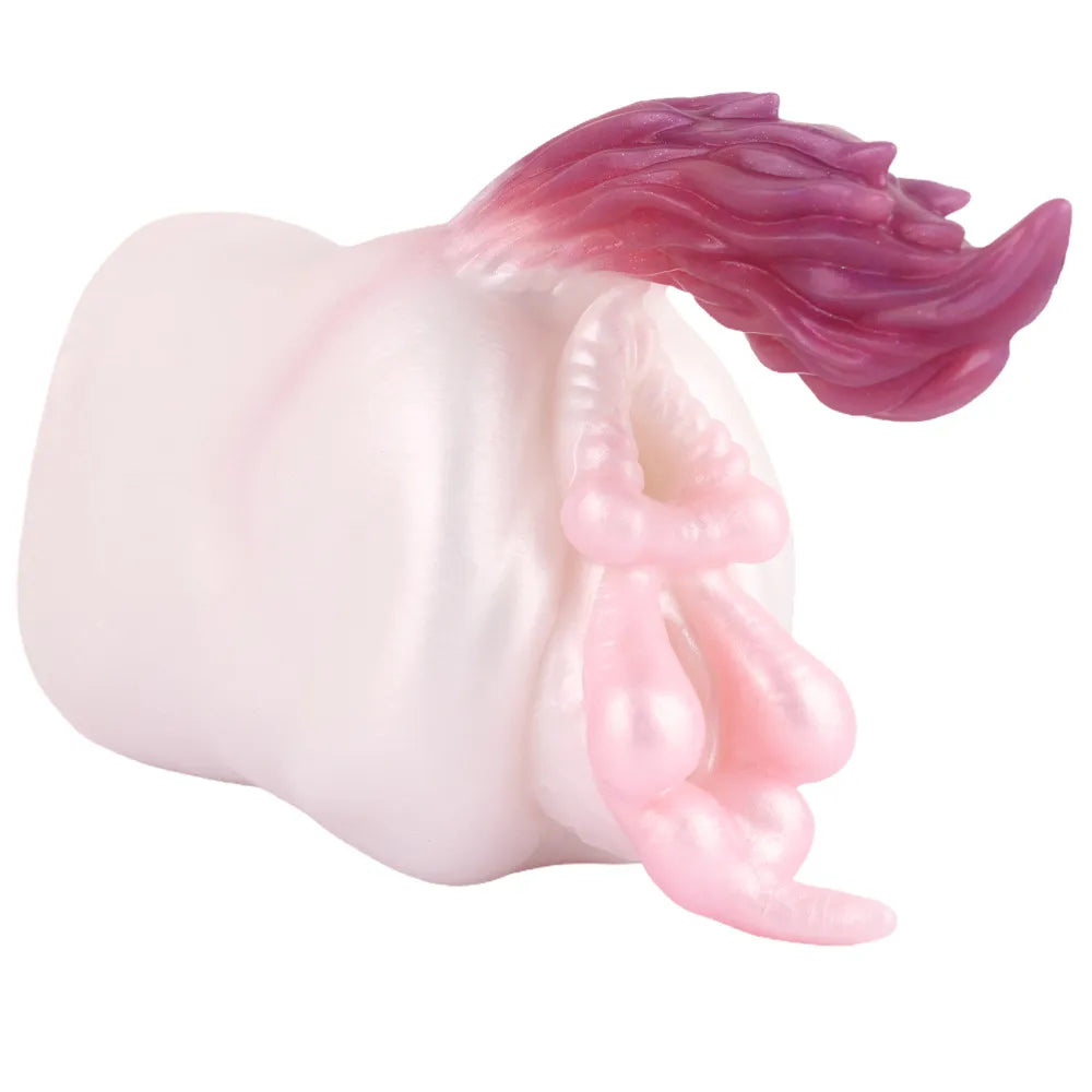 A side view of the heavyweight white silicone male masturbator stroker featuring a textured pink and purple fantasy gradient tail on a pure white background.