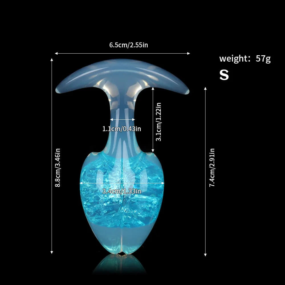 Detailed size measurements and 57g weight chart for the small-sized aurora blue crackle plug on a dark background