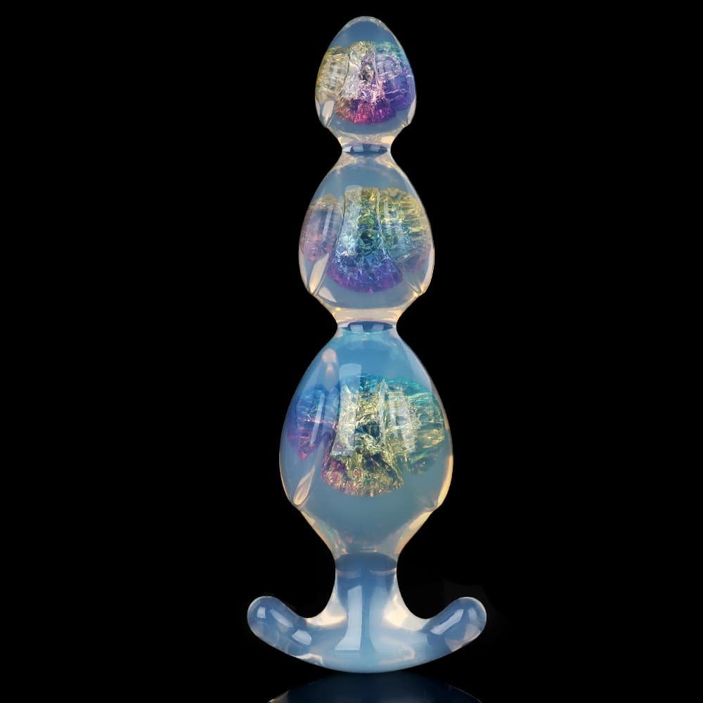 Aesthetic aurora foil transparent silicone anal beads capturing colorful light reflections.