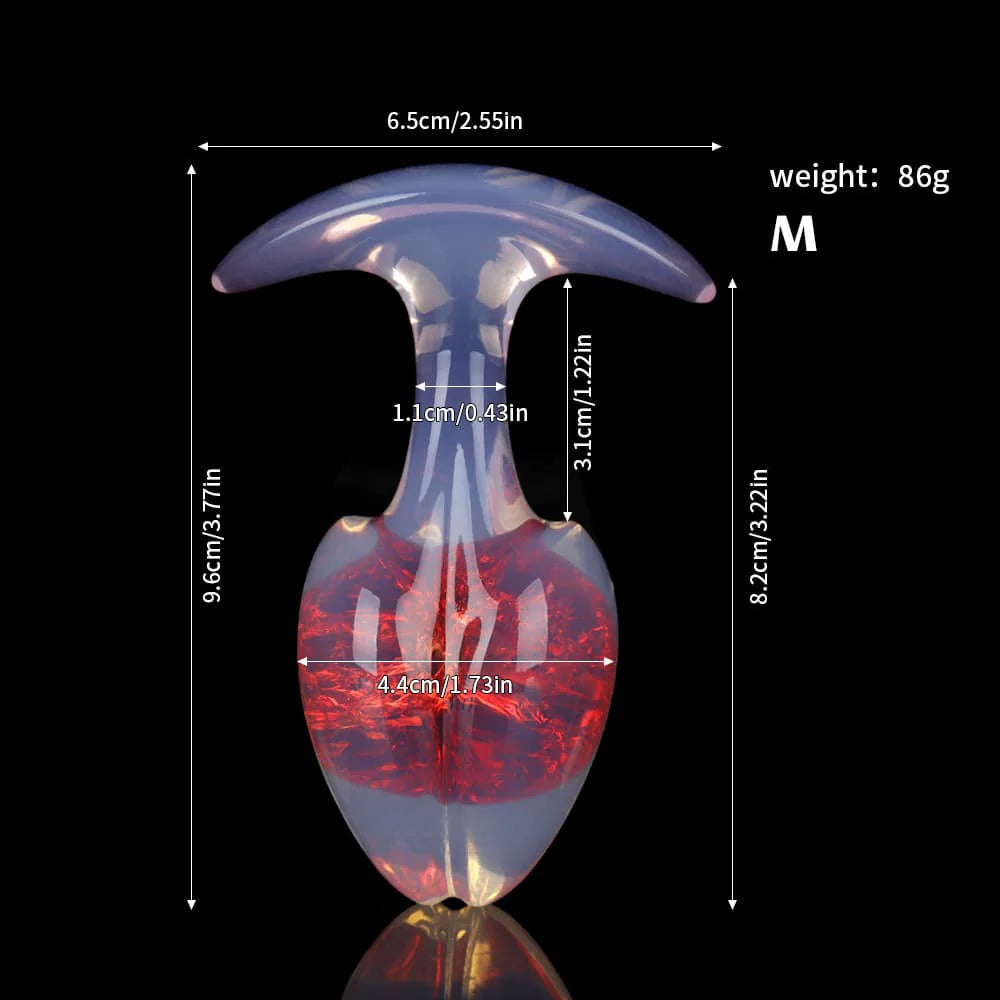 Detailed size and weight chart for the medium-sized aurora red crackle-core plug showing heights and widths.