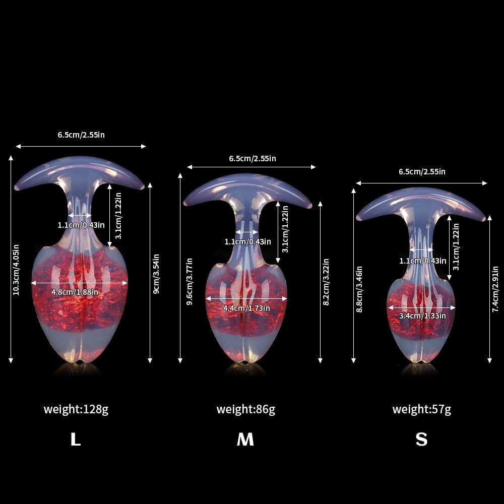Product size and weight specification diagram for the aurora red crackle-interior plug in sizes L, M, and S.