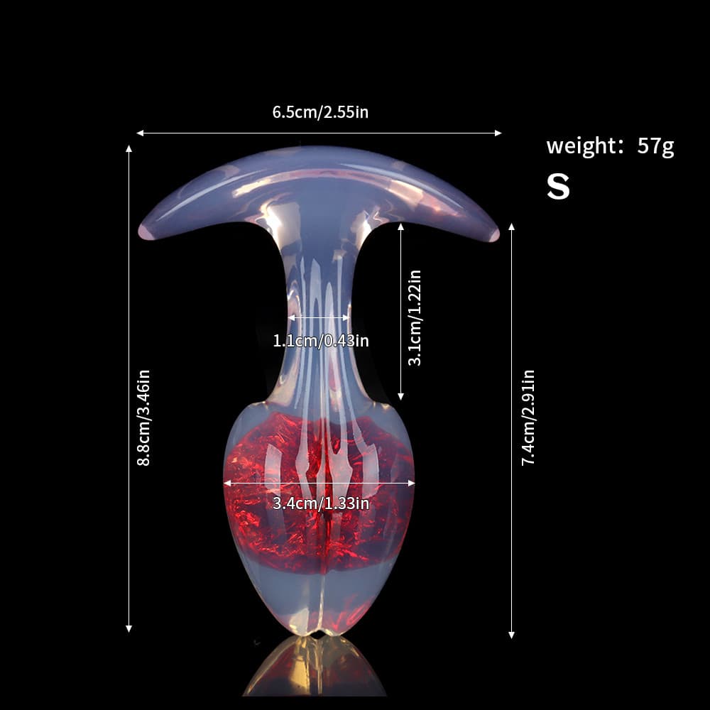 Product dimensions and weight diagram for the small size aurora red crackle-core plug with a glowing opal stem