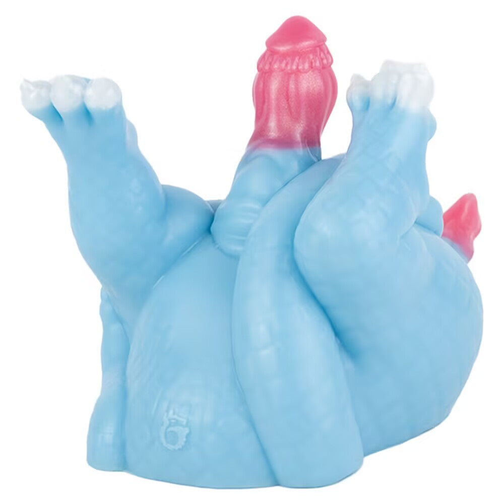 Upside-down front view of the Azure dragon fantasy toy, showing its pink textured anatomy parts, blue scale body, and white claws.