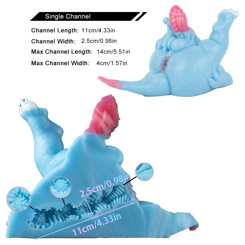 Dimension details and internal pathway cutaway of the Azure dragon adult toy, showcasing a single channel with heavy bumpy textures and exact size measurements.