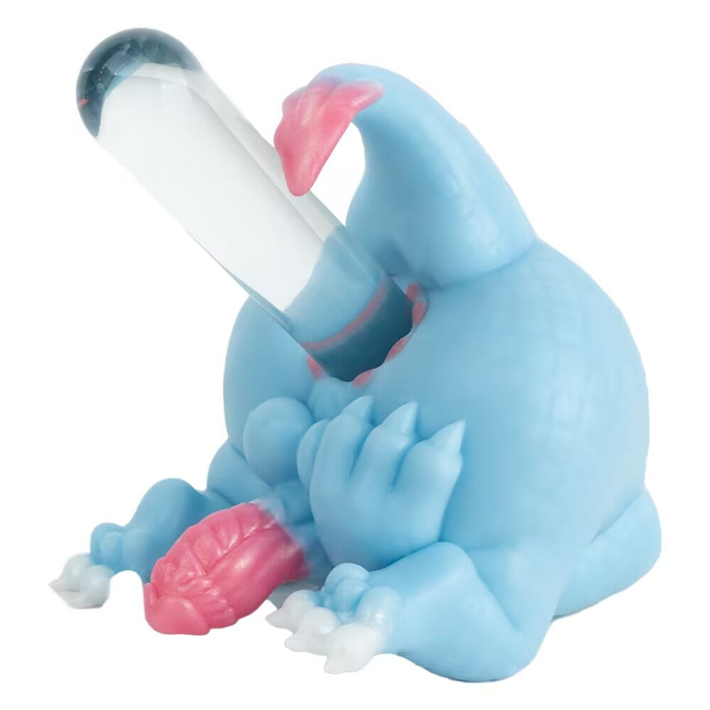 A clear placement rod inserted into the upper entry channel of the Azure dragon toy, showcasing the angle and flexibility of the product.