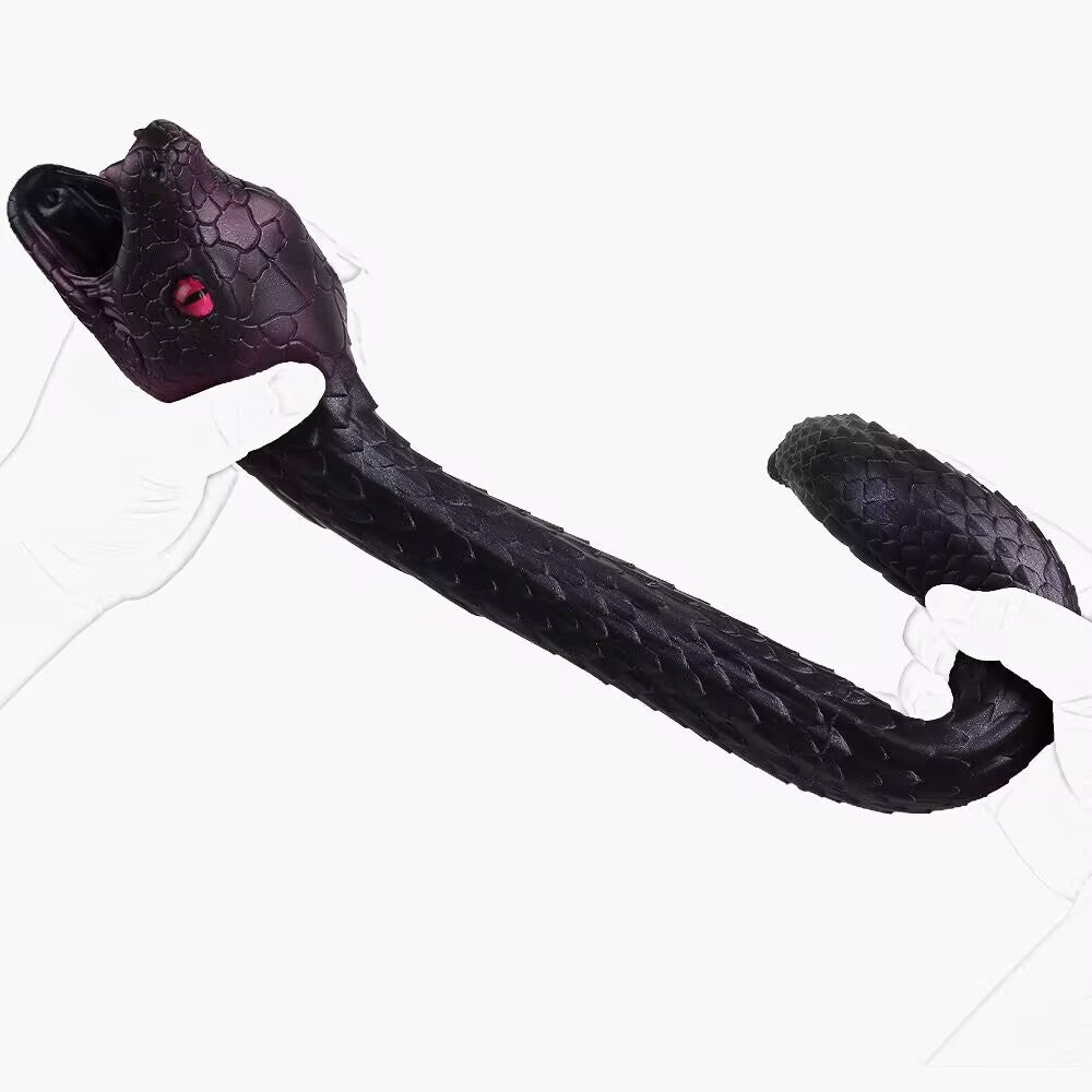 Hands demonstrating the high flexibility and elasticity of silicone snake fantasy stroker