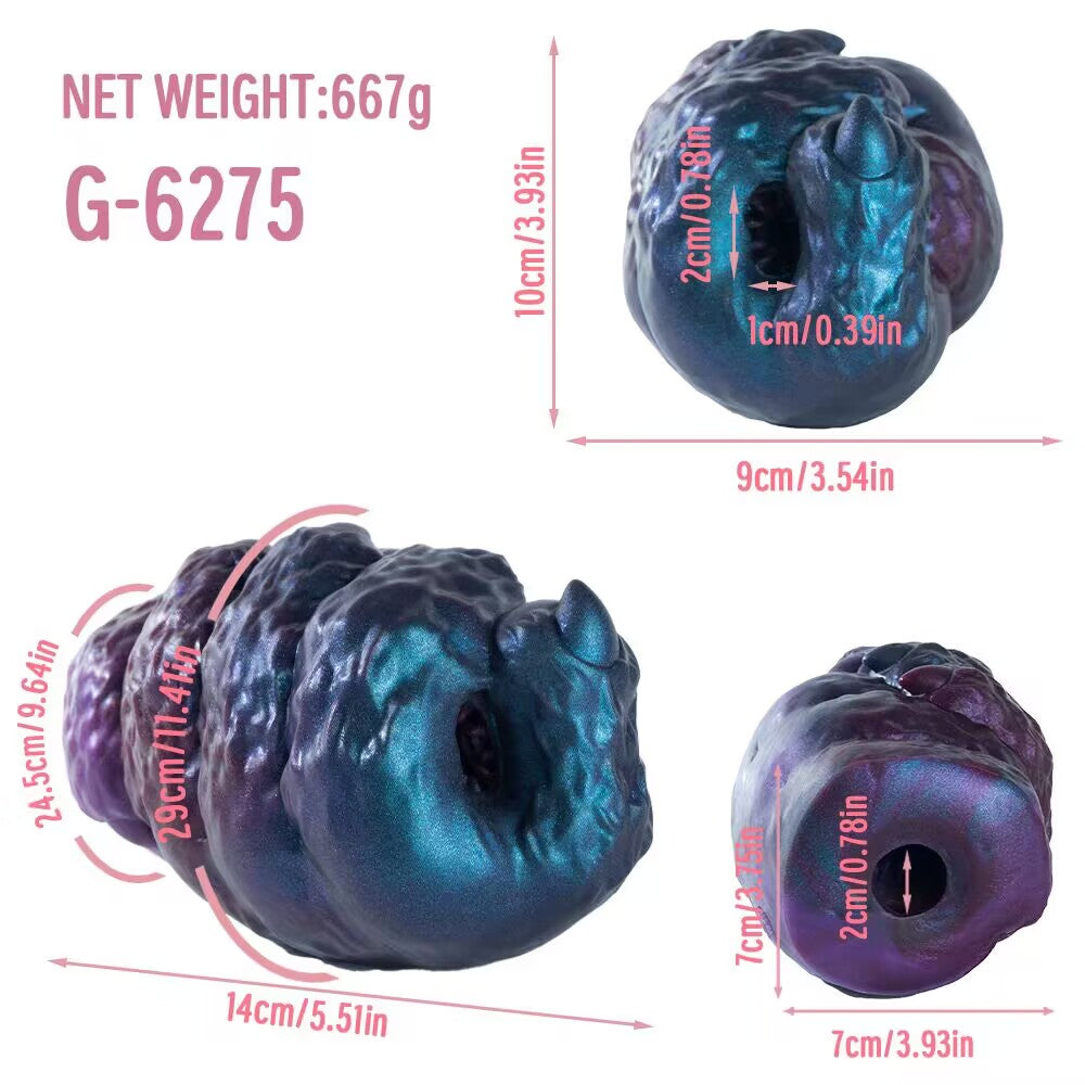 Size chart for G-6275 biomorphic alien worm fantasy masturbator on a white background, detailing a net weight of 667g and body width parameters.