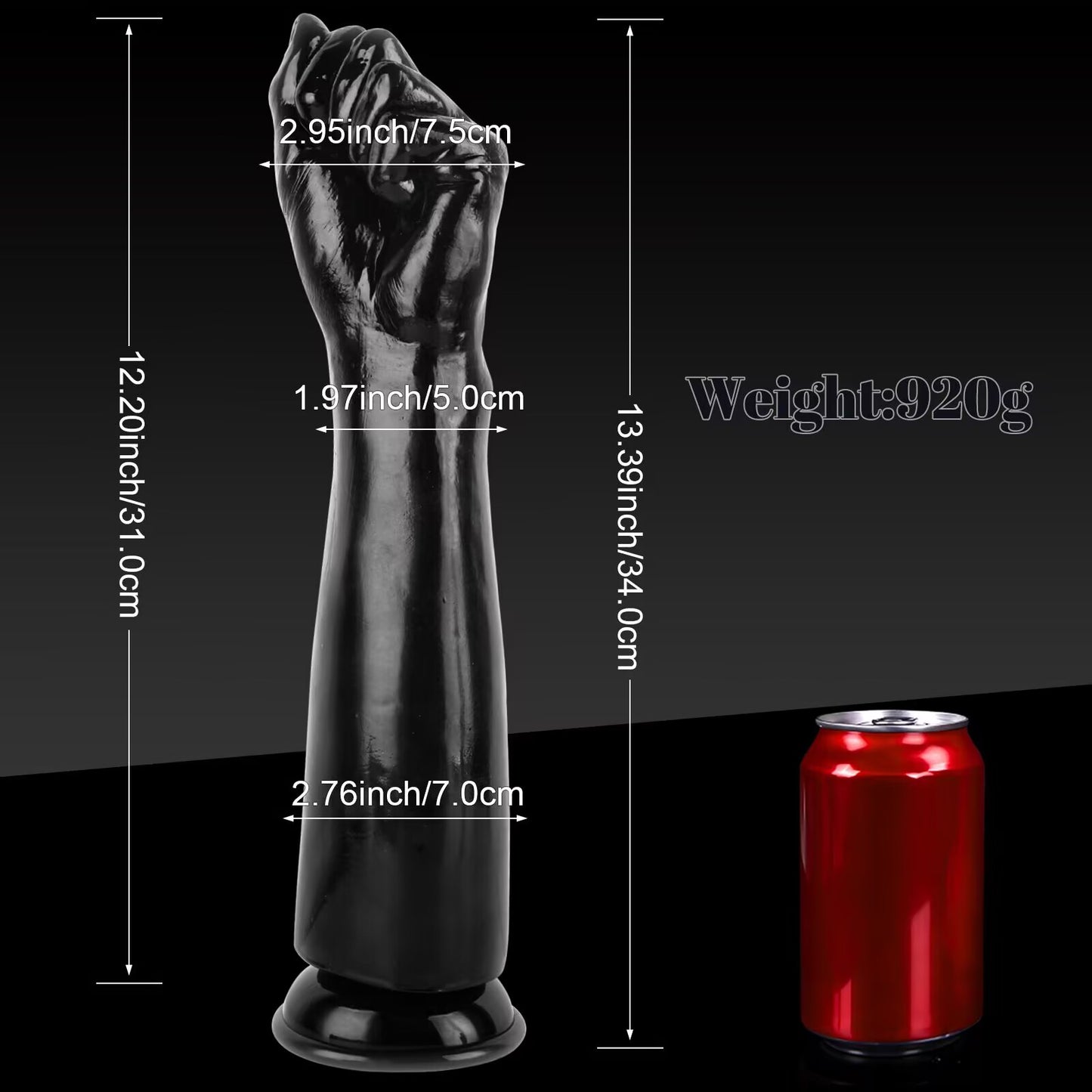 Product measurement chart of a black realistic fist dildo for advanced stretching, displaying a total height of 34.0cm (13.39 inches) and a total weight of 920g with an adult beverage can reference.