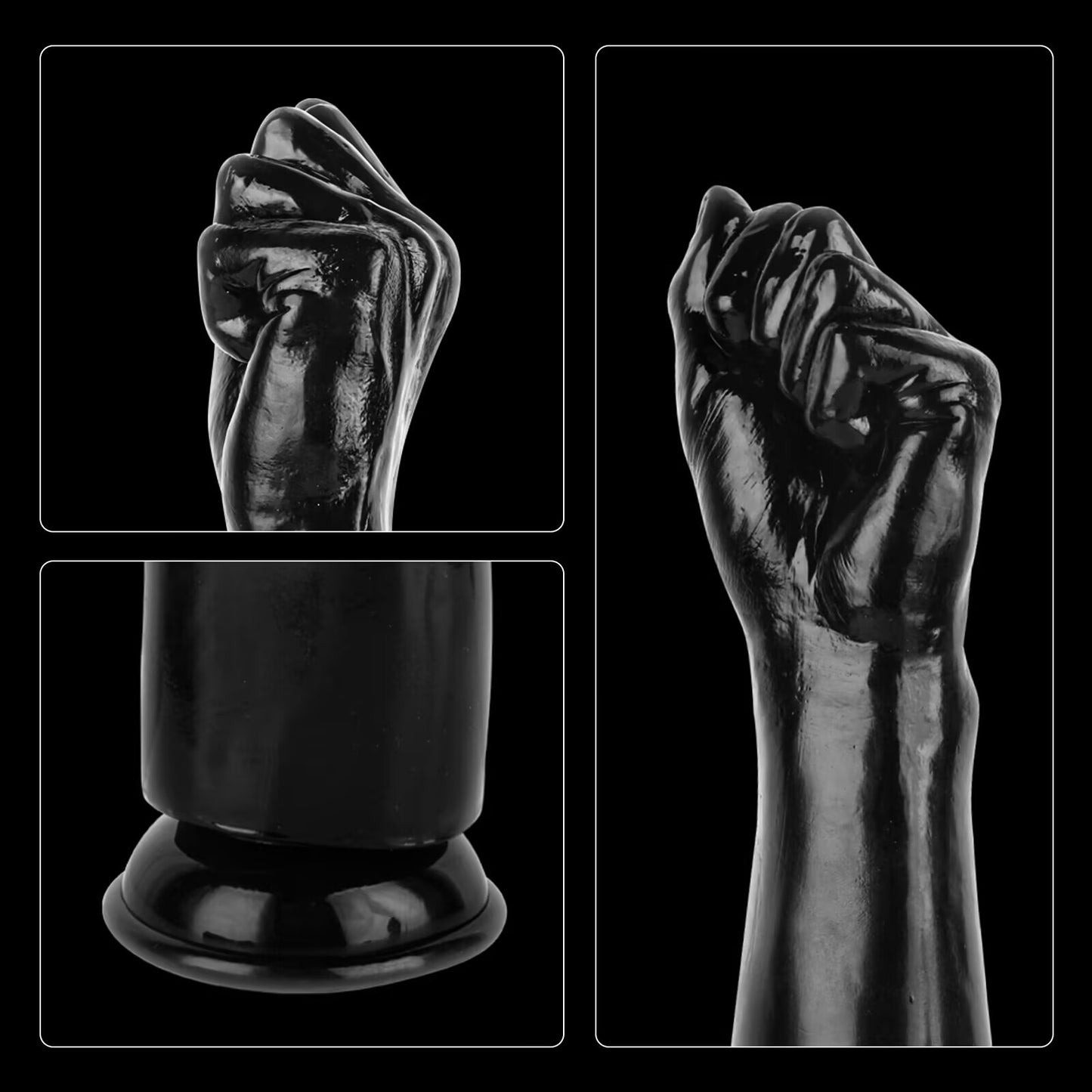 Macro view panels of an advanced black fist dildo, illustrating the glossy finish, highly detailed closed knuckles, and strong suction cup base for multi-angle hands-free use.