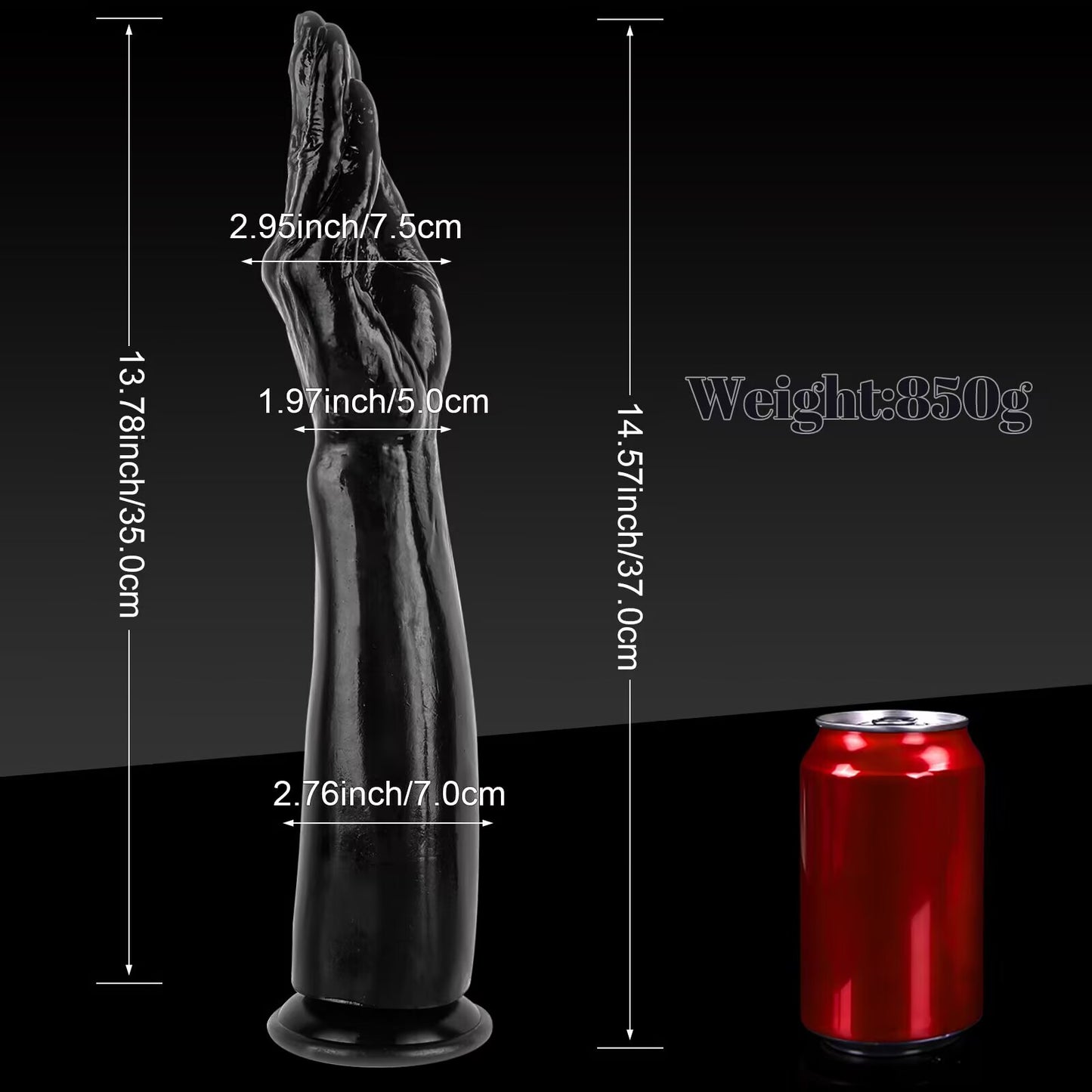 Detailed size chart of a black realistic arm dildo in a prayer hand position, indicating a total height of 37.0cm (14.57 inches), insertable length of 35.0cm (13.78 inches), and a weight of 850g next to a standard red soda can.