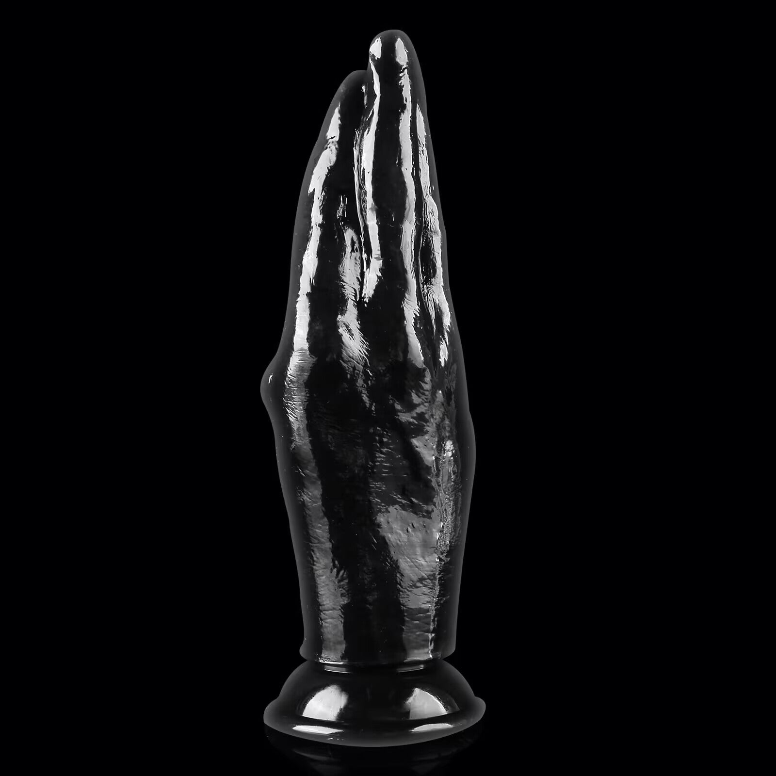Side profile of a shiny black realistic arm fisting dildo with a tapered guiding tip, highlighting its smooth finish and detailed wrist structure.