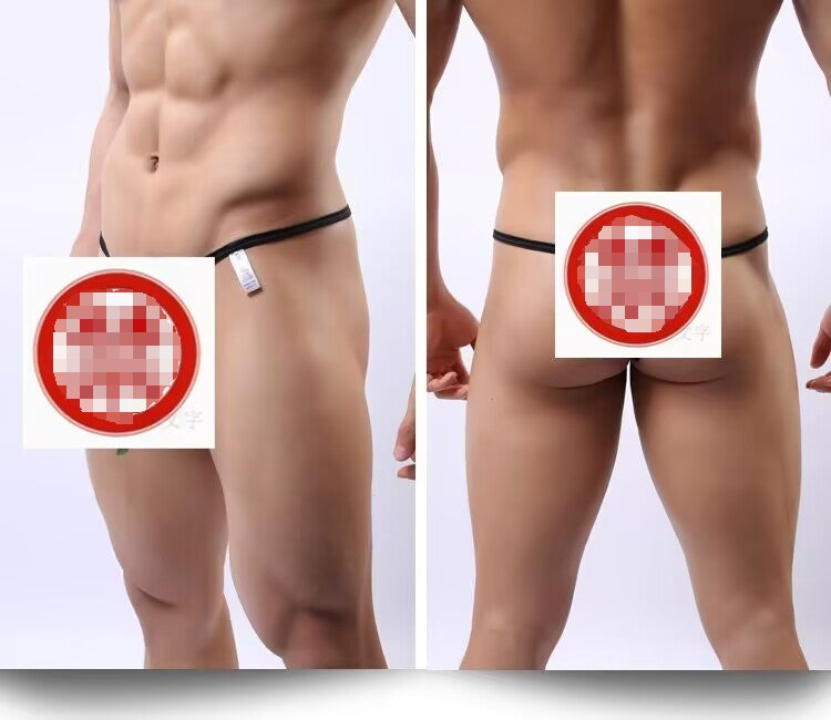 Front and back view of a male model wearing black minimalist open-back pouch thong briefs showing elastic waistband and low-rise fit.