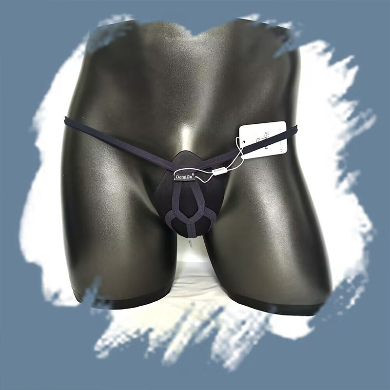 Front view of black men’s pouch thong jockstrap on a display torso showcasing supportive contouring fit.
