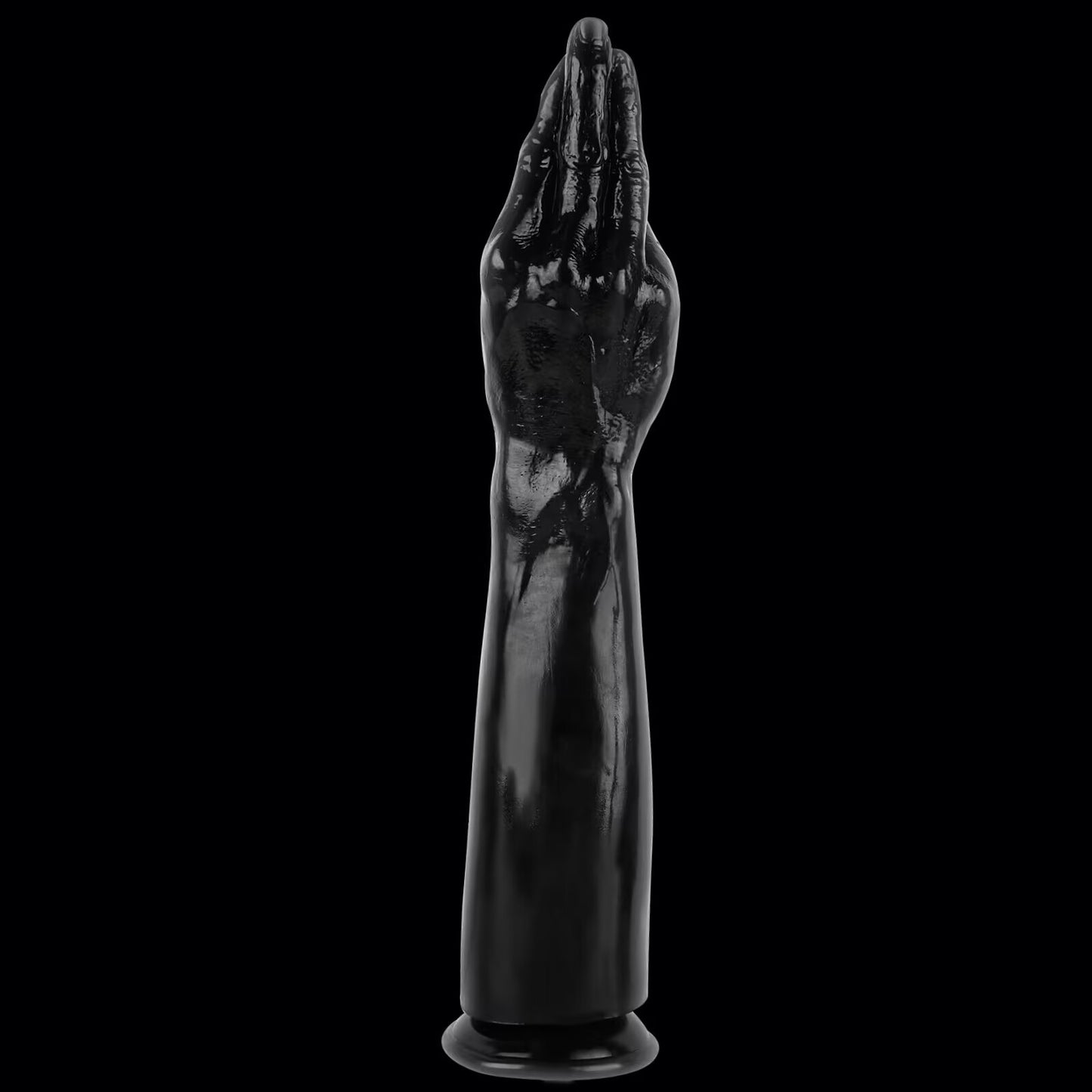 Front view of a premium black realistic arm dildo featuring a sleek, tapered prayer hand gesture with detailed skin wrinkles and veins on a pure black background.
