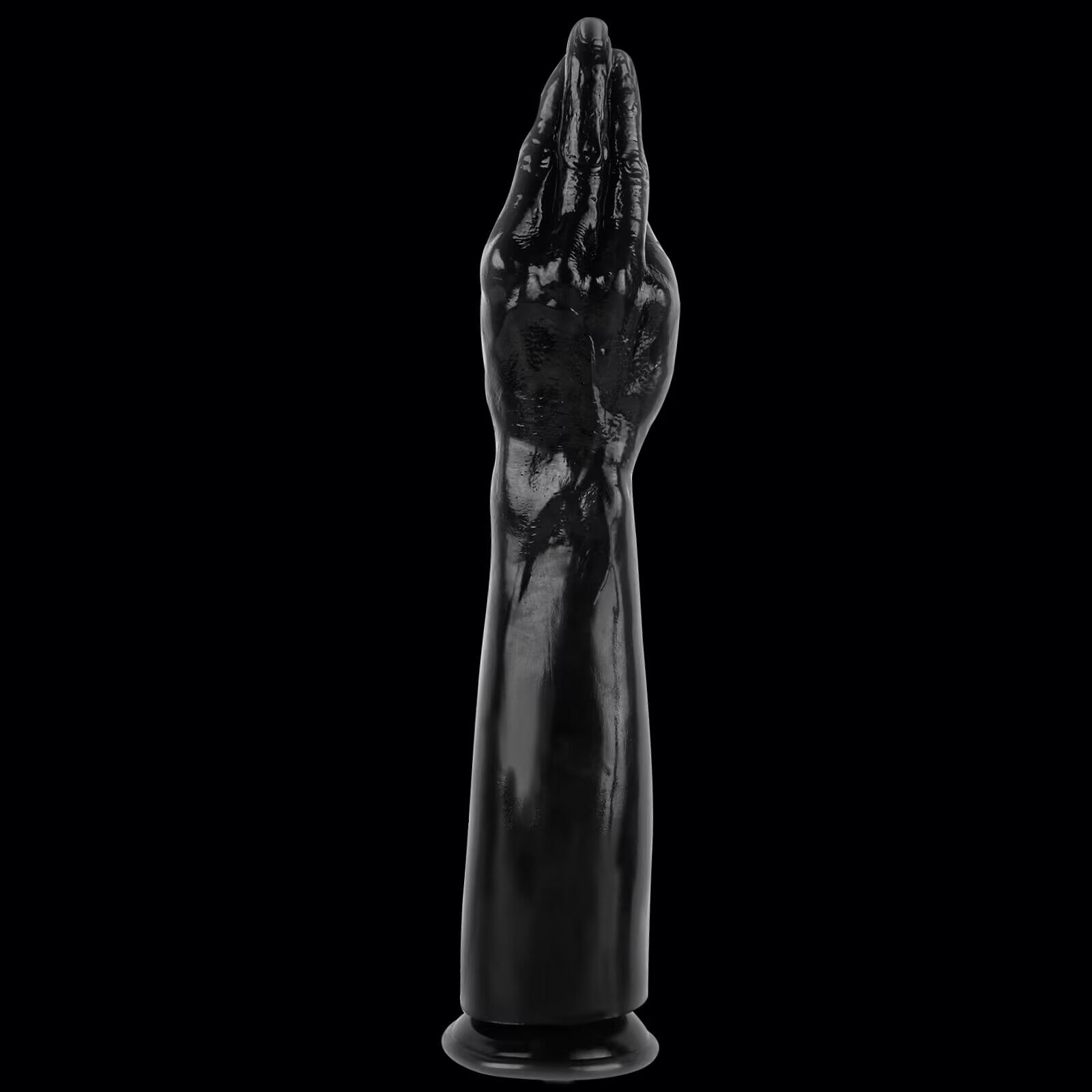 Front view of a premium black realistic arm dildo featuring a sleek, tapered prayer hand gesture with detailed skin wrinkles and veins on a pure black background.