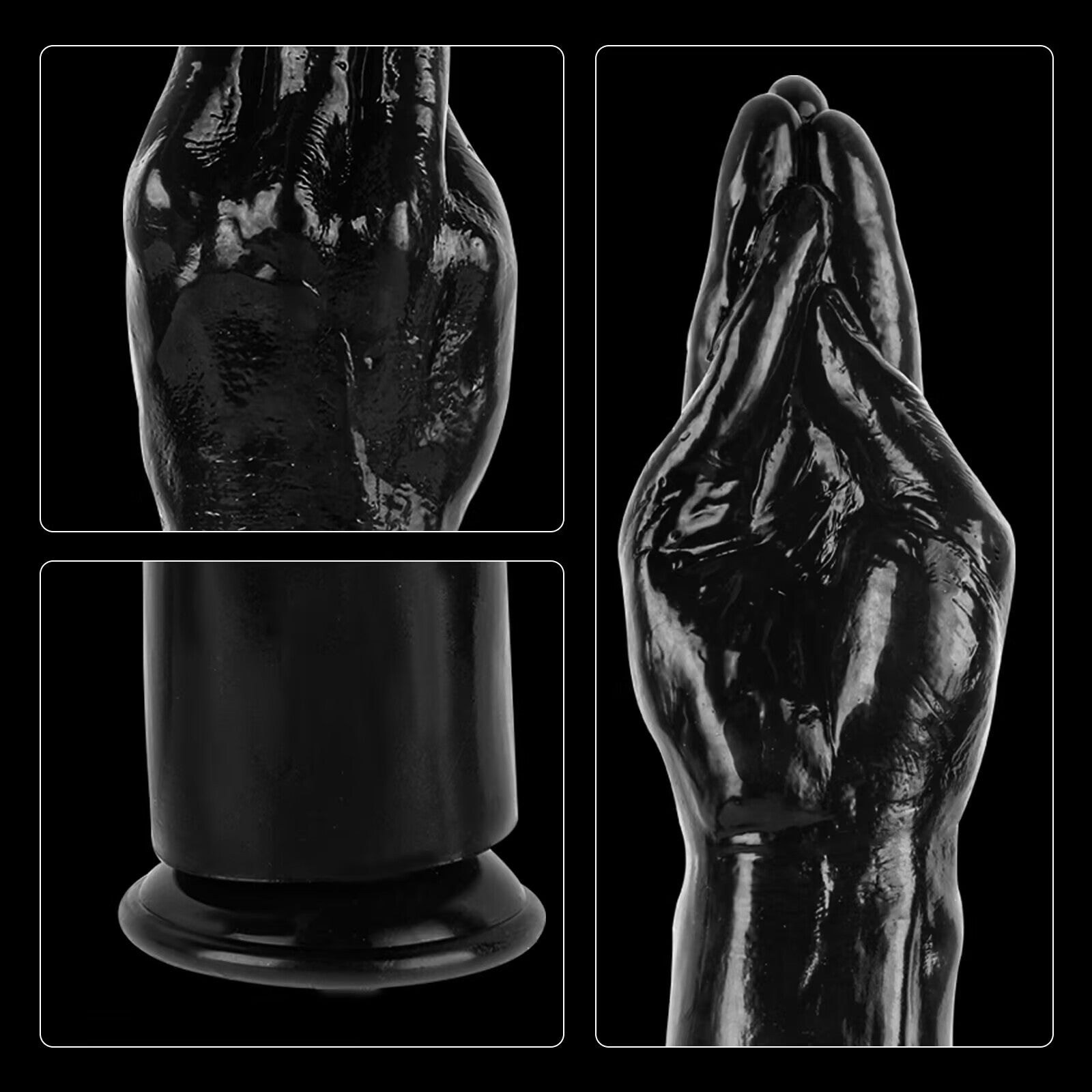 Four-panel detail view of a black realistic arm dildo, showcasing close-ups of the lifelike palm lines, knuckles, smooth shaft texture, and the sturdy suction cup base for hands-free positioning.
