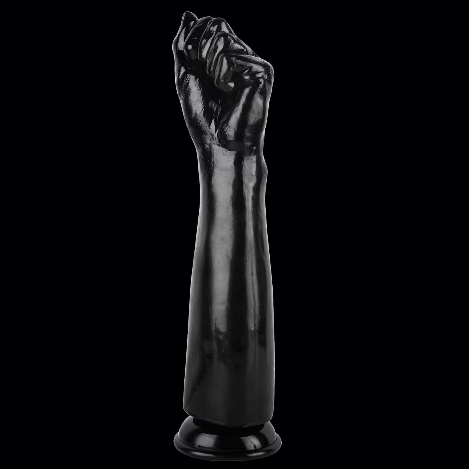 Front view of a large black realistic clenched fist dildo designed for advanced fisting and deep anal or vaginal stretching stimulation.