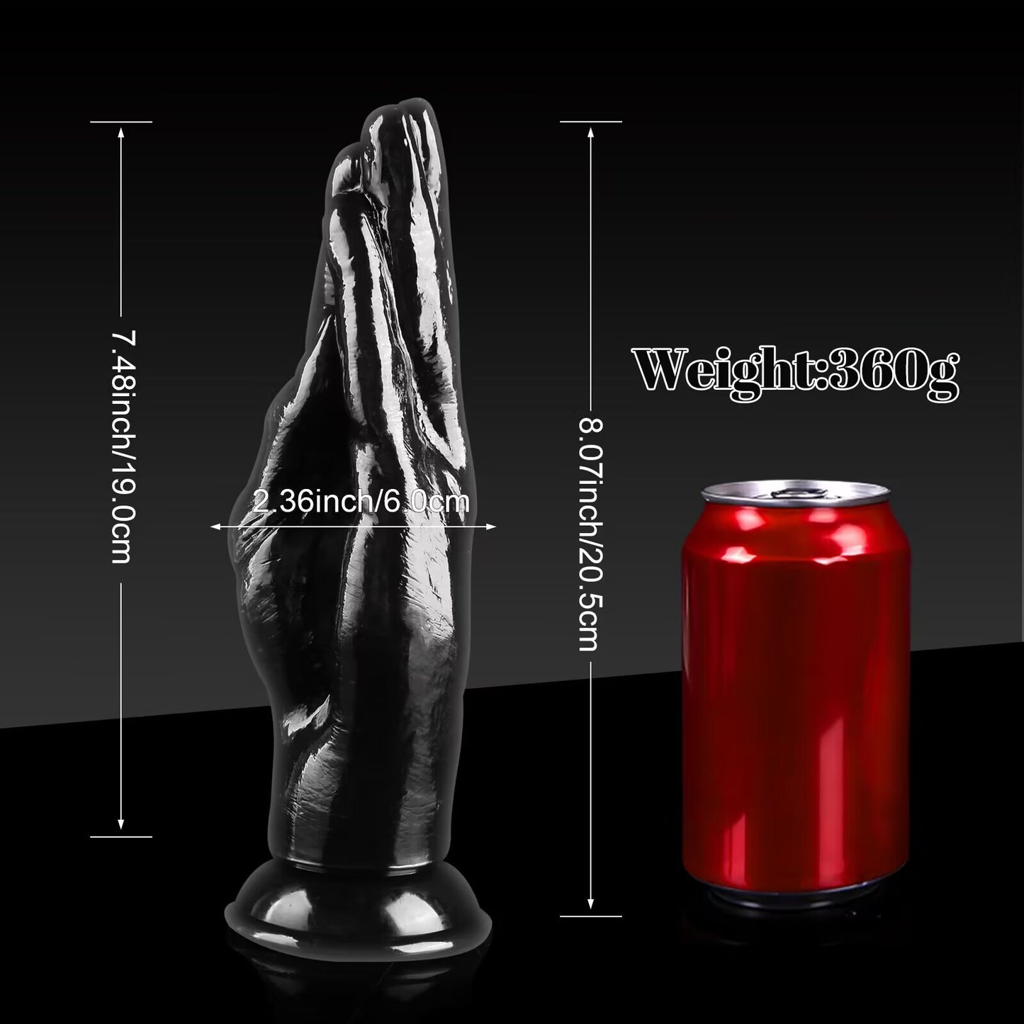 Size and weight specification chart of a black realistic arm dildo with a tapered prayer hand tip, showing a total height of 20.5cm (8.07 inches) and a weight of 360g next to a soda can.