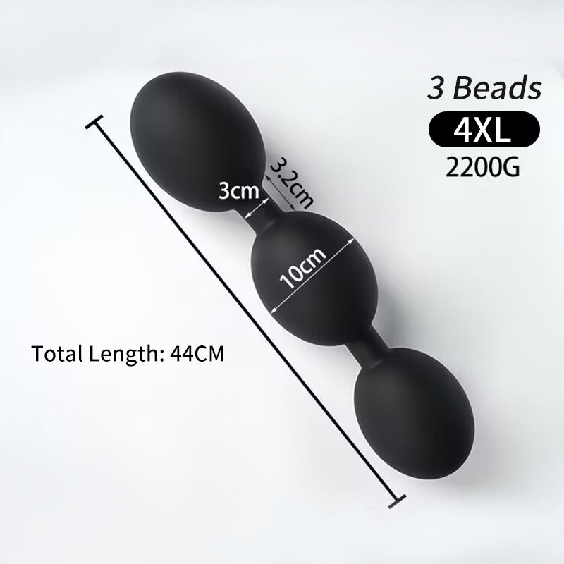Black matte silicone 3 bead anal plug 4XL size showing 10.0cm bead size 44cm total length 2200g weight measurements.
