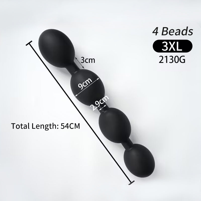 Black matte silicone 4 bead anal plug 3XL size showing 9.0cm bead size 54cm total length 2130g weight measurements.
