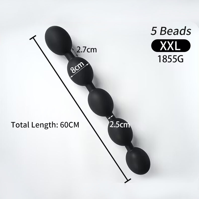 Black matte silicone 5 bead anal plug XXL size showing 8.0cm bead size 60cm total length 1855g weight measurements.