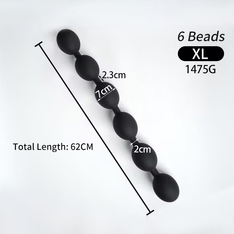 Black matte silicone 6 bead anal plug XL size showing 7.0cm bead size 62cm total length 1475g weight measurements.