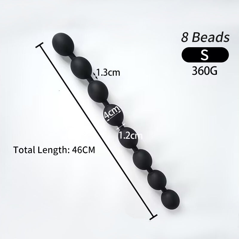 Black matte silicone 8 bead anal plug M size showing 5.0cm bead size 56cm total length measurements on white background.