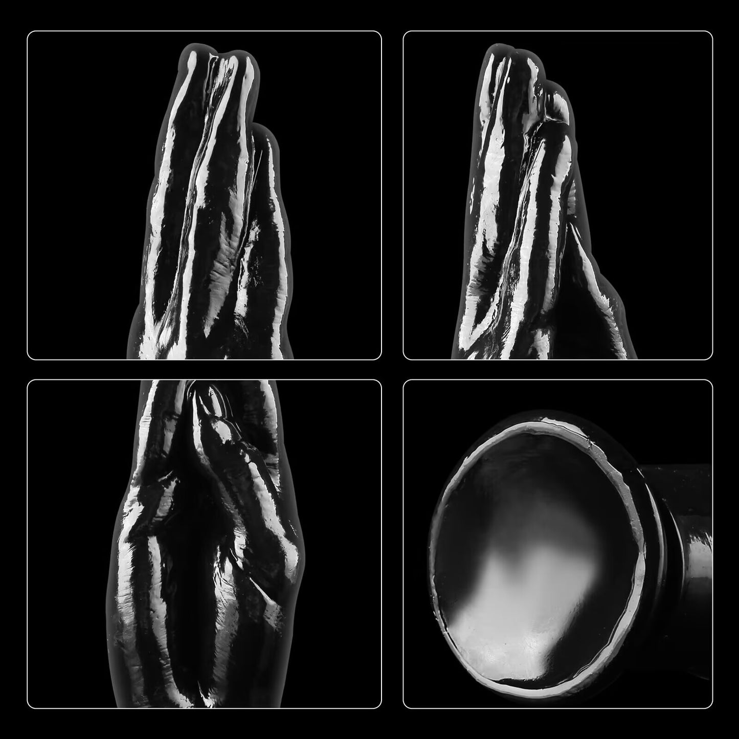 Detailed panels of a short black realistic arm dildo with a tapered prayer hand design, showing the smooth guiding tip from multiple angles and the vacuum suction base.