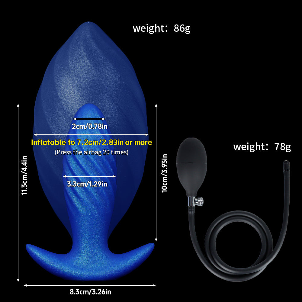 Infographic showing dimensions of the blue inflatable silicone butt plug: 3.3cm width uninflated, expands to 7.2cm or more after 20 airbag presses. Includes handheld pump specs.