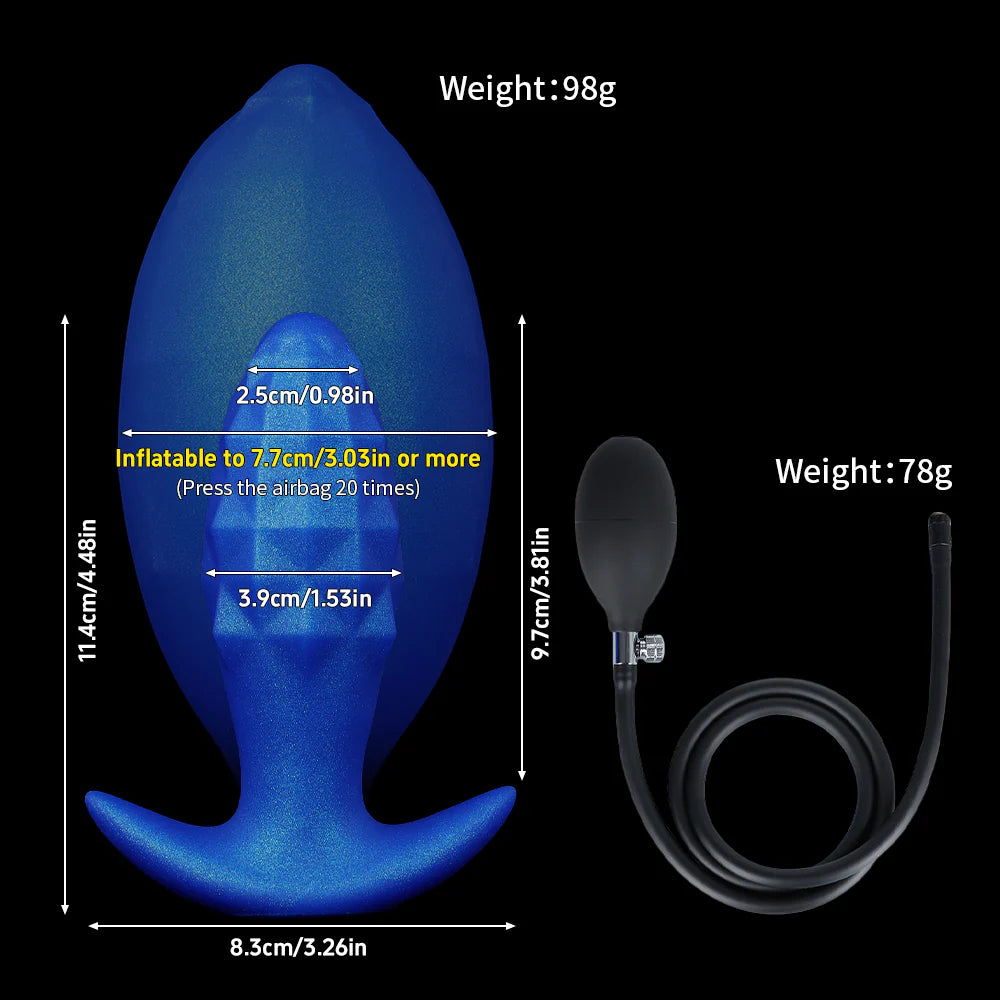 Technical dimension illustration for the deep blue inflatable silicone plug, highlighting the flare safety base width of 8.3cm (3.26in) and incremental sizing parameters in both metric and imperial units.