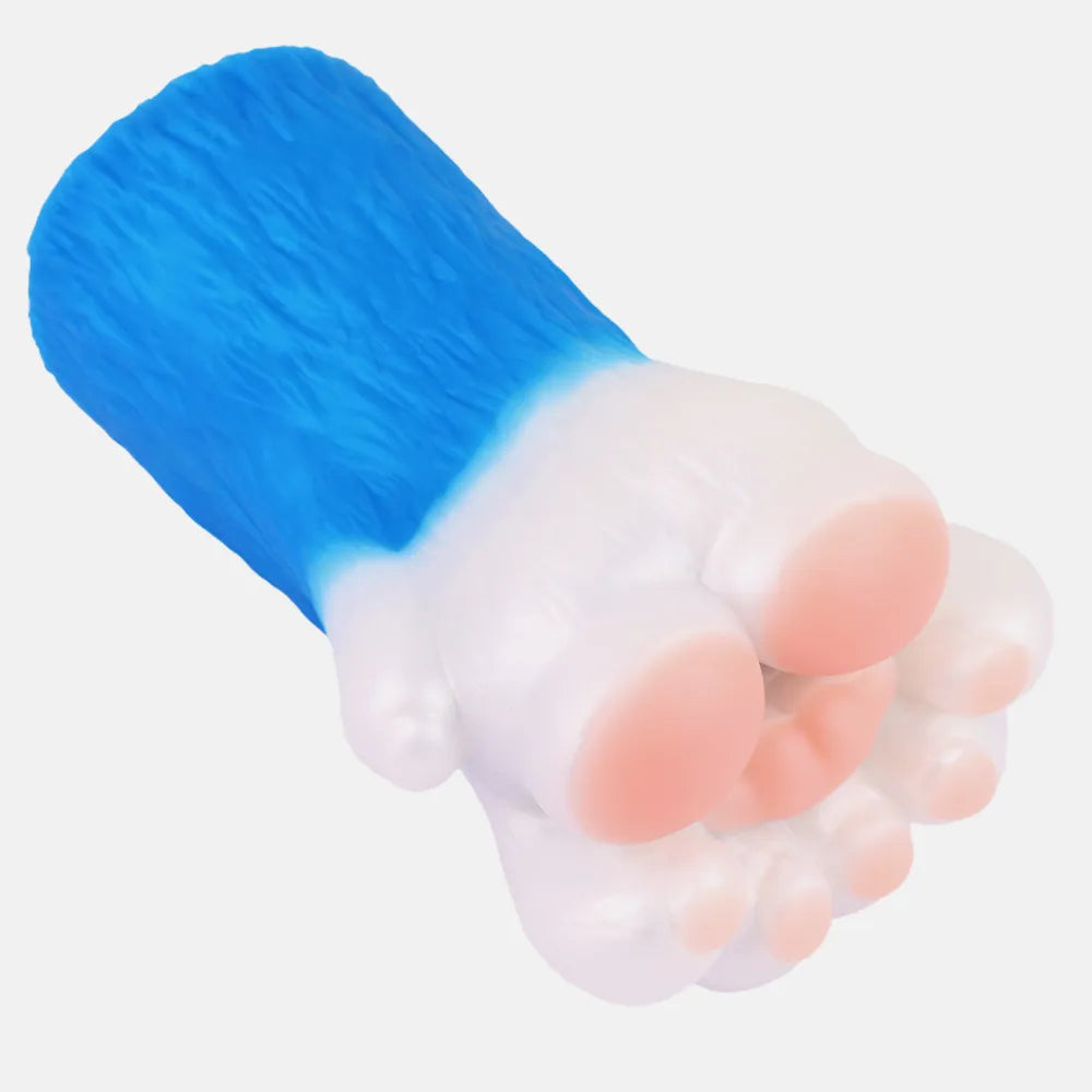 Back view of the blue and white beast paw adult toy showcasing the textured furry silicone sleeve and compact design.