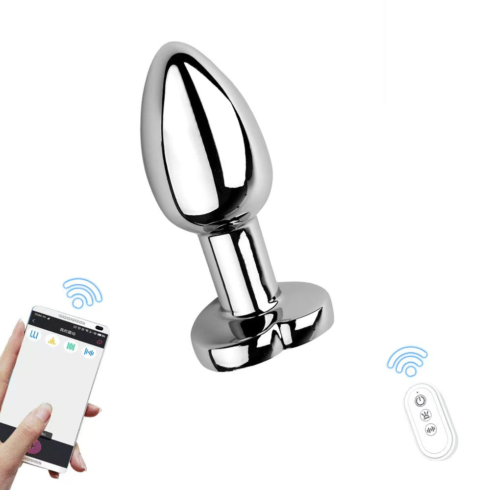 A high-polished steel smart anal plug showing smartphone Bluetooth app control and wireless remote connectivity.