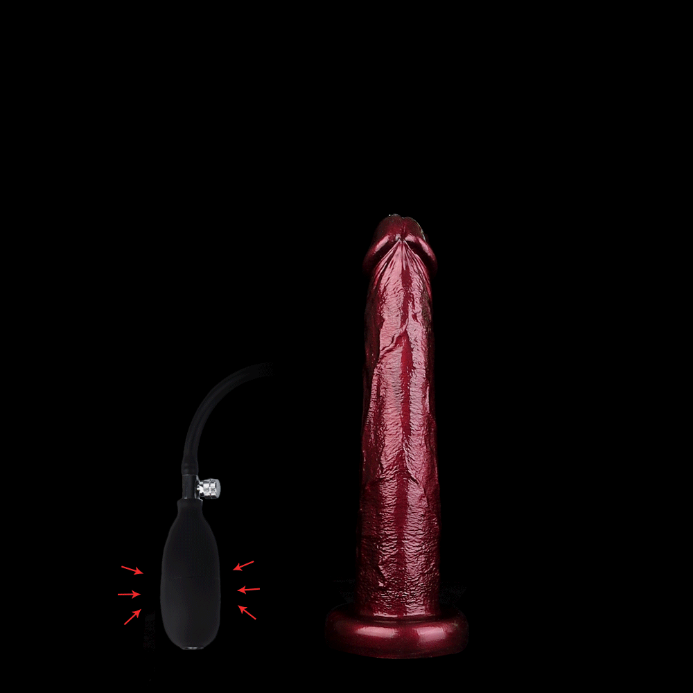 Animated demonstration of a burgundy inflatable dildo being pumped with a hand air pump to show expansion action.