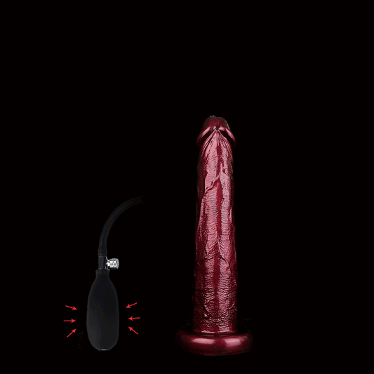 Animated demonstration of a burgundy inflatable dildo being pumped with a hand air pump to show expansion action.