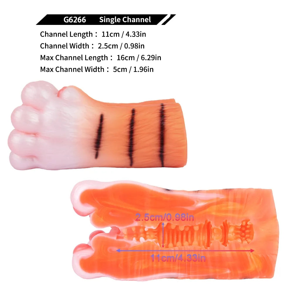 Product specifications diagram showing the 11cm channel length of the cat paw stroker and a cross-section of its textured inner tunnel.