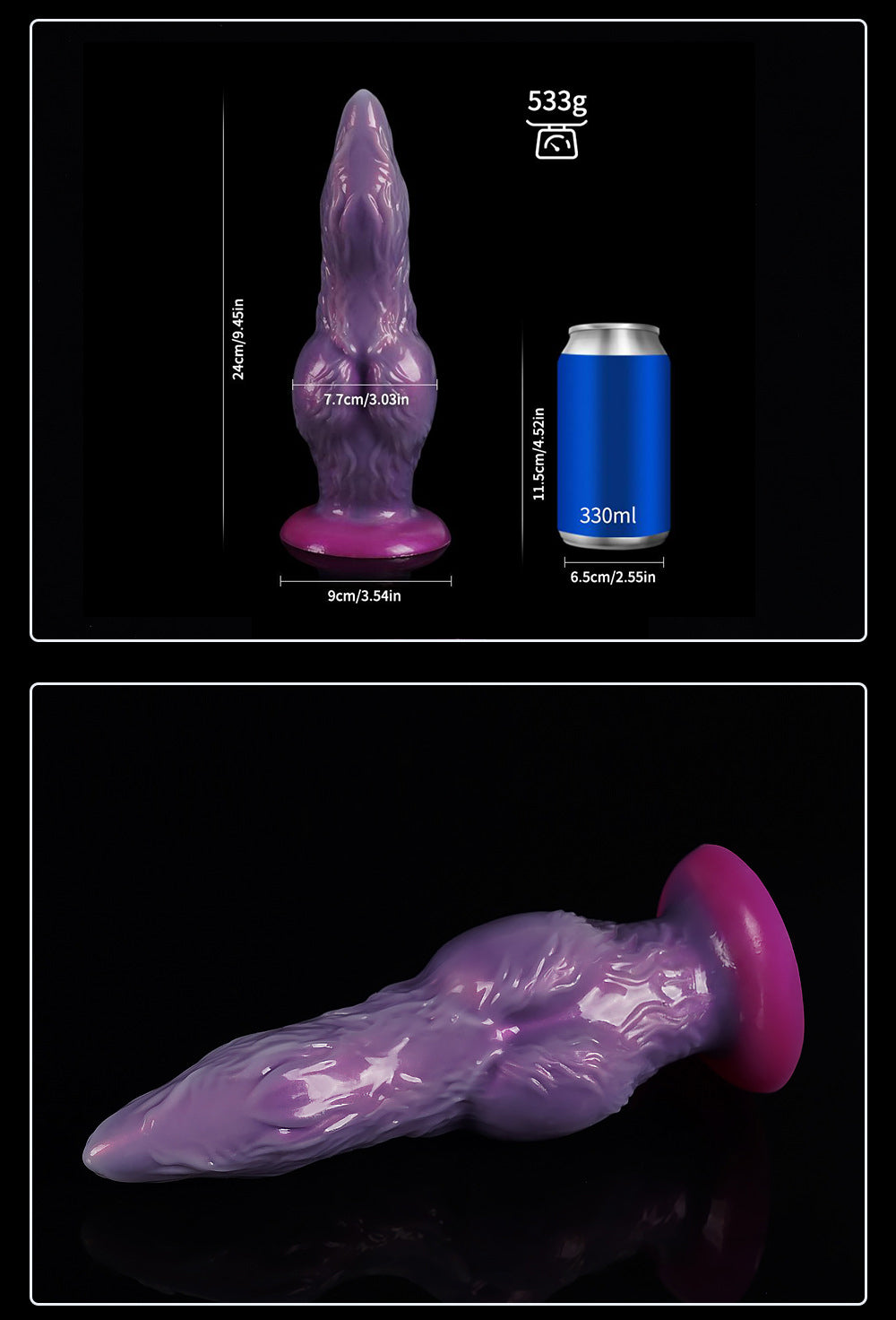 Accurate size and weight chart for the Chaos Lord fantasy dildo in inches and cm.