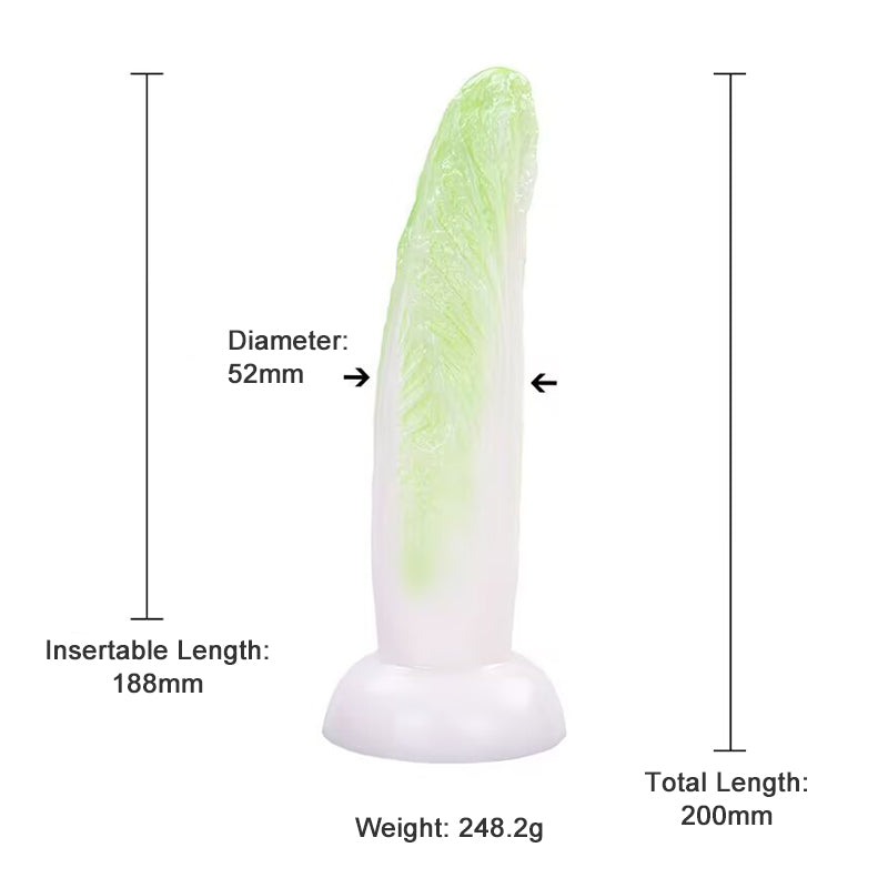 Specifications diagram for green cabbage shaped silicone dildo with suction cup base, 200mm total length.