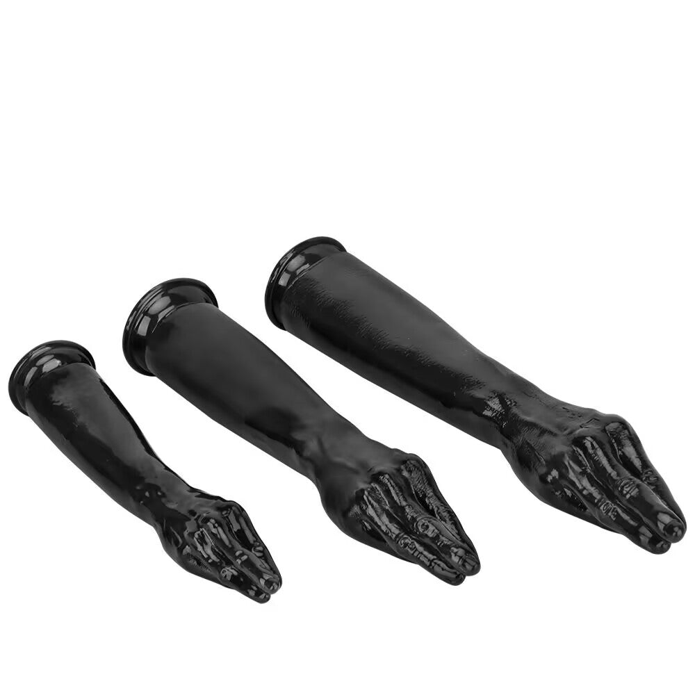Three black sleek fisting arm dildos with clasped praying hand designs lying horizontally on a pure white surface.