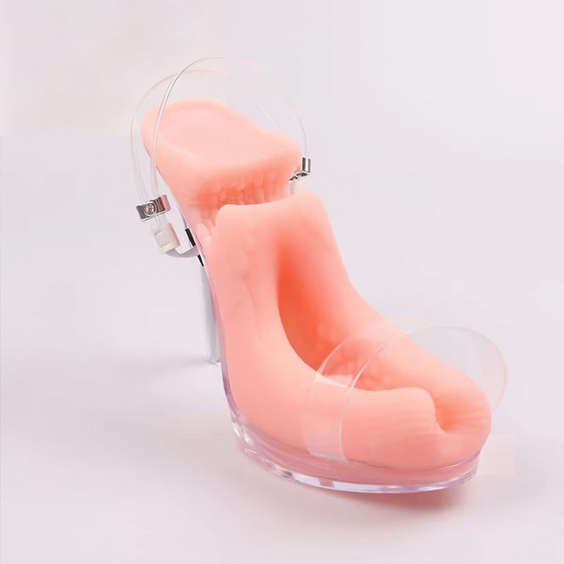 Side view of clear-heel vibrating high heel male masturbator isolated on clean white background