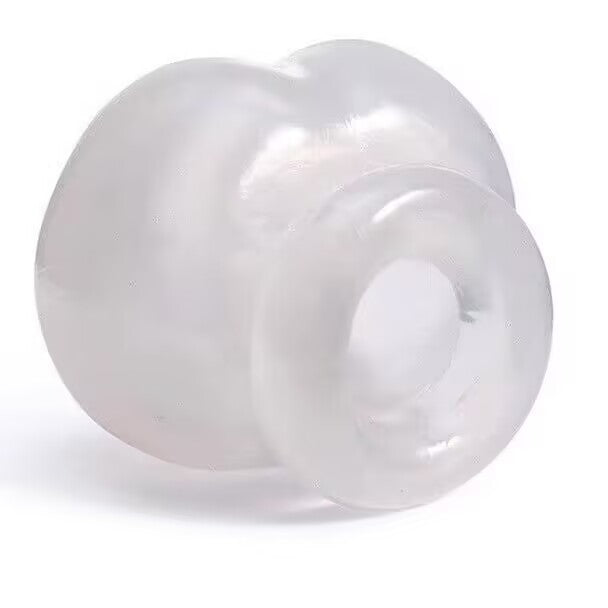 Crystal clear body-safe silicone scrotum stretcher sleeve showing top elastic opening