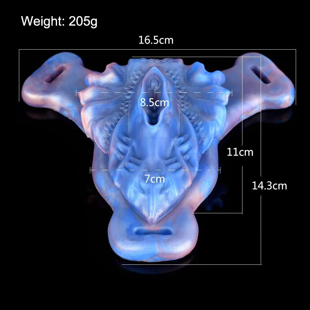 Contoured sensual friction pad dimensions and weight chart showing 205g weight, 16.5cm top width, and 14.3cm length