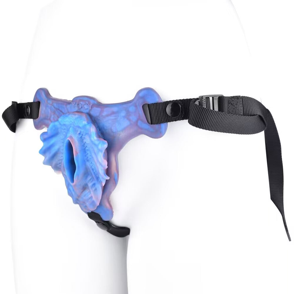 Front fit view of contoured sensual friction pad showing body-hugging design and harness straps