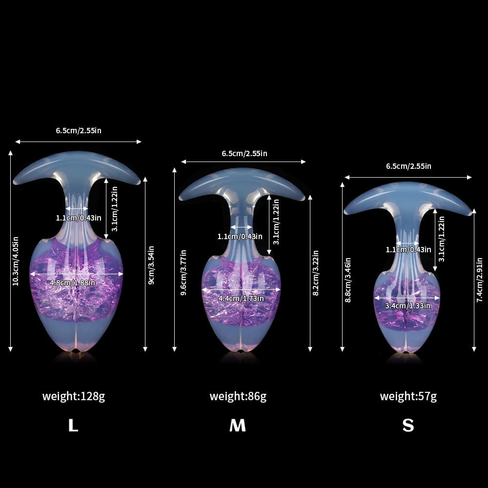 Comprehensive size chart for the cosmic violet purple crackle plug detailing the heights, weights, and neck widths of L, M, and S sizes.