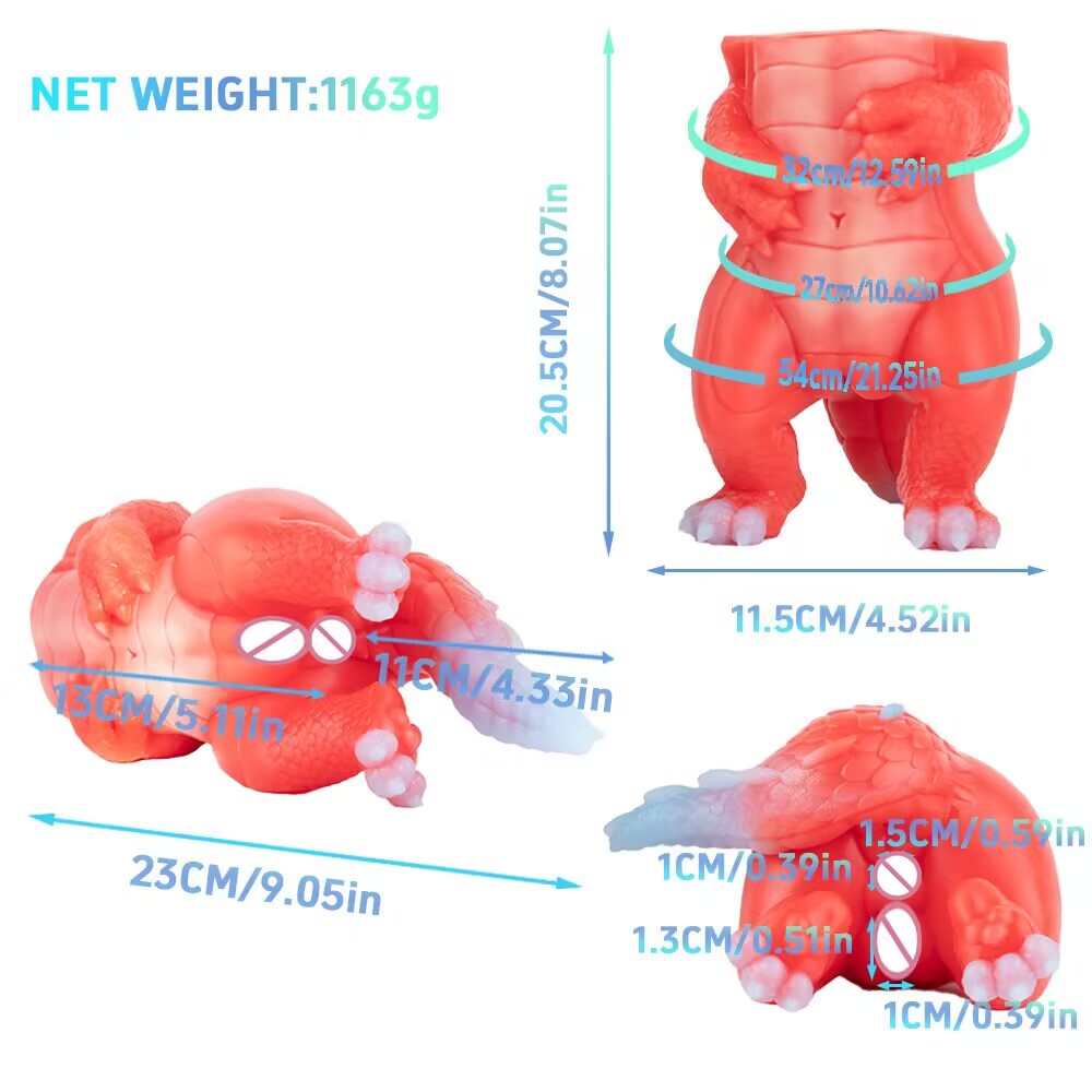 Dimension chart of the Crimson Magical Tiny Dragon silicone toy, showing a net weight of 1163g and detailed measurements.