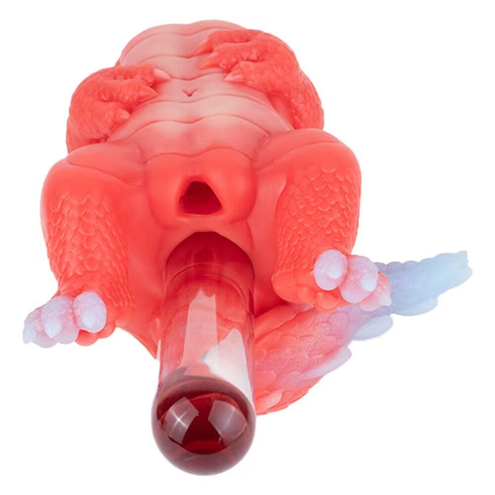 Front angle of the Crimson dragon fantasy toy with a clear glass rod inserted into the lower entry channel, demonstrating internal flexibility.