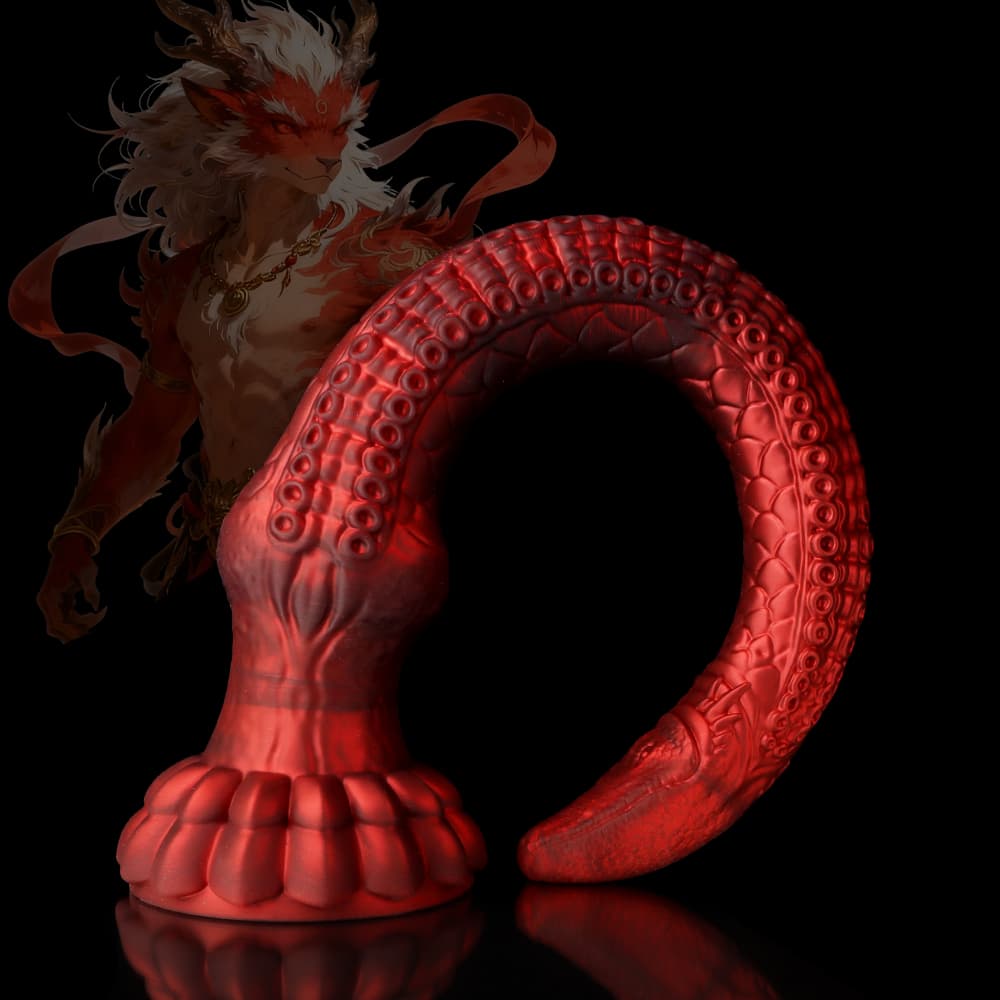 Crimson red fantasy dildo with dragon scales and octopus tentacle design featuring a mythical anime background character.