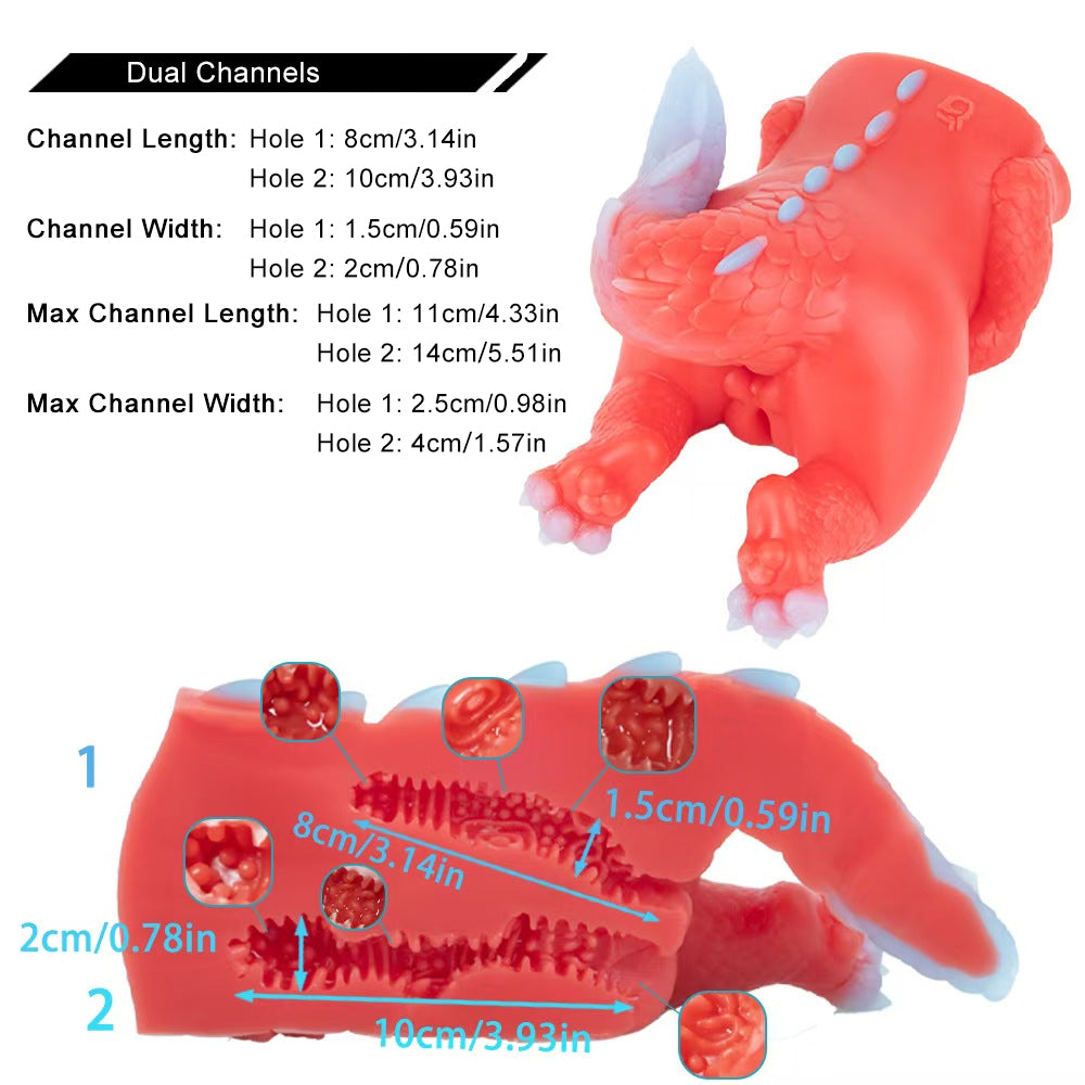 Size chart and cross-section diagram of the Crimson dragon fantasy toy, detailing lengths and widths for its dual pleasure channels along with close-ups of internal ribbed textures.