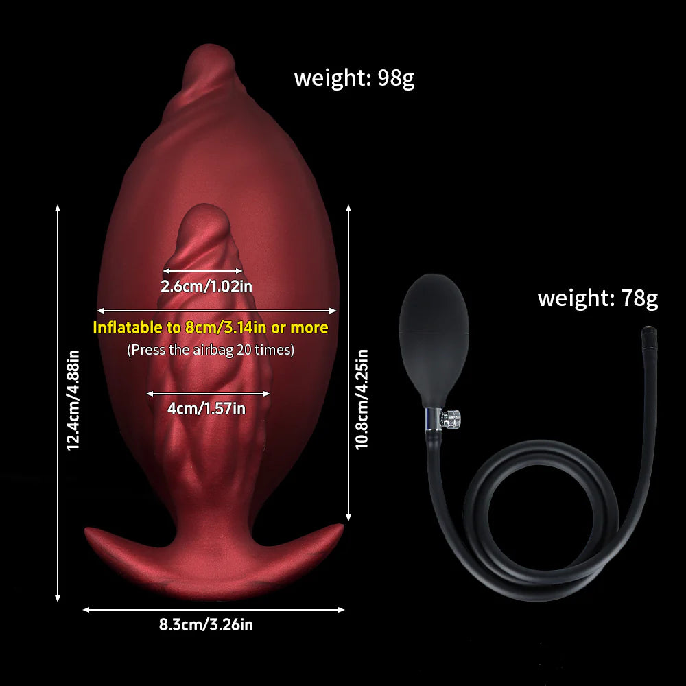 Crimson red adjustable silicone butt plug size chart showcasing weight breakdown of 98g plug and 78g hand pump airbag with clear metric and imperial measurement indicators.