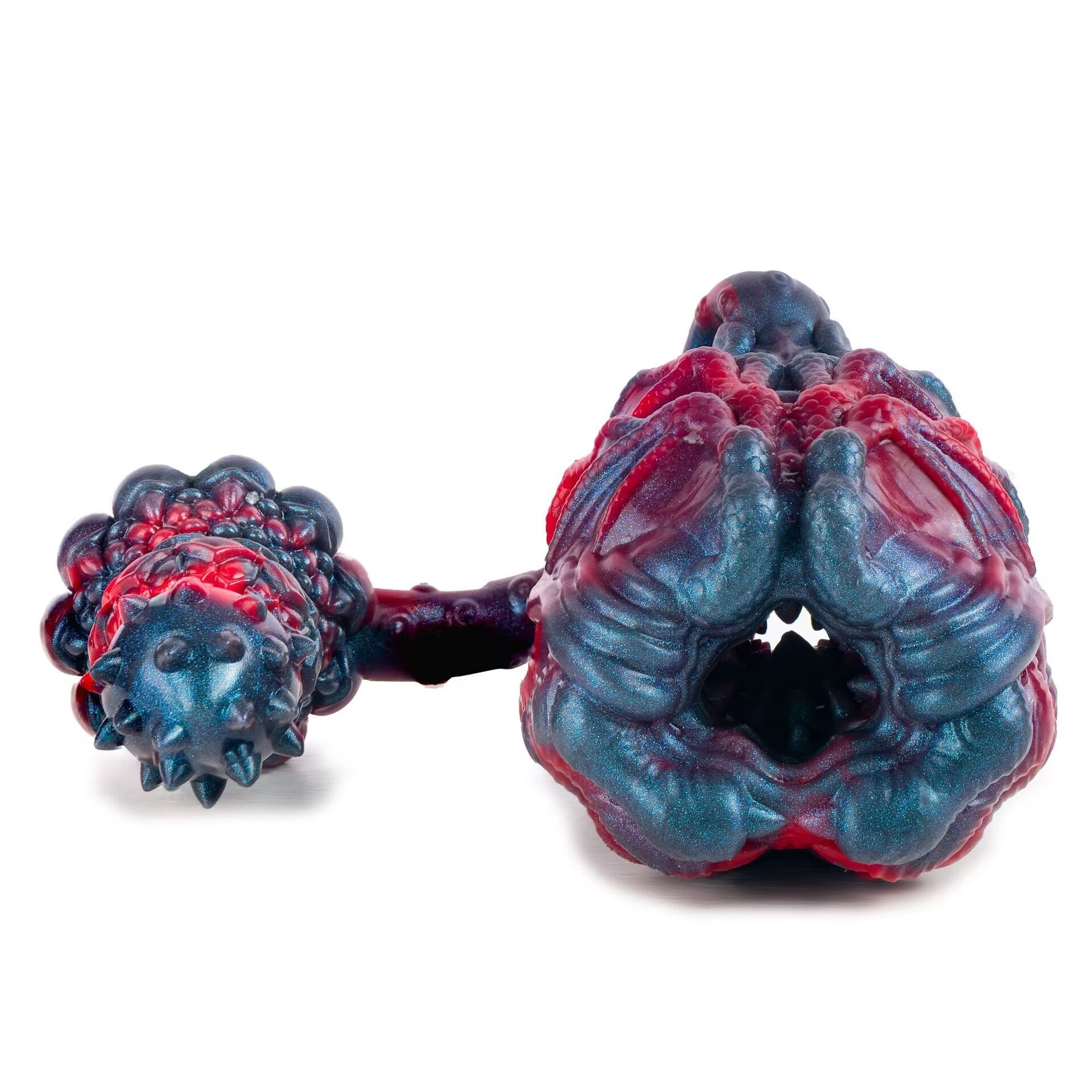Front angle view of G-6307 Cthulhu fantasy male masturbator showing the highly detailed bio-mechanical texture and blue-red metallic gradient silicone canal.