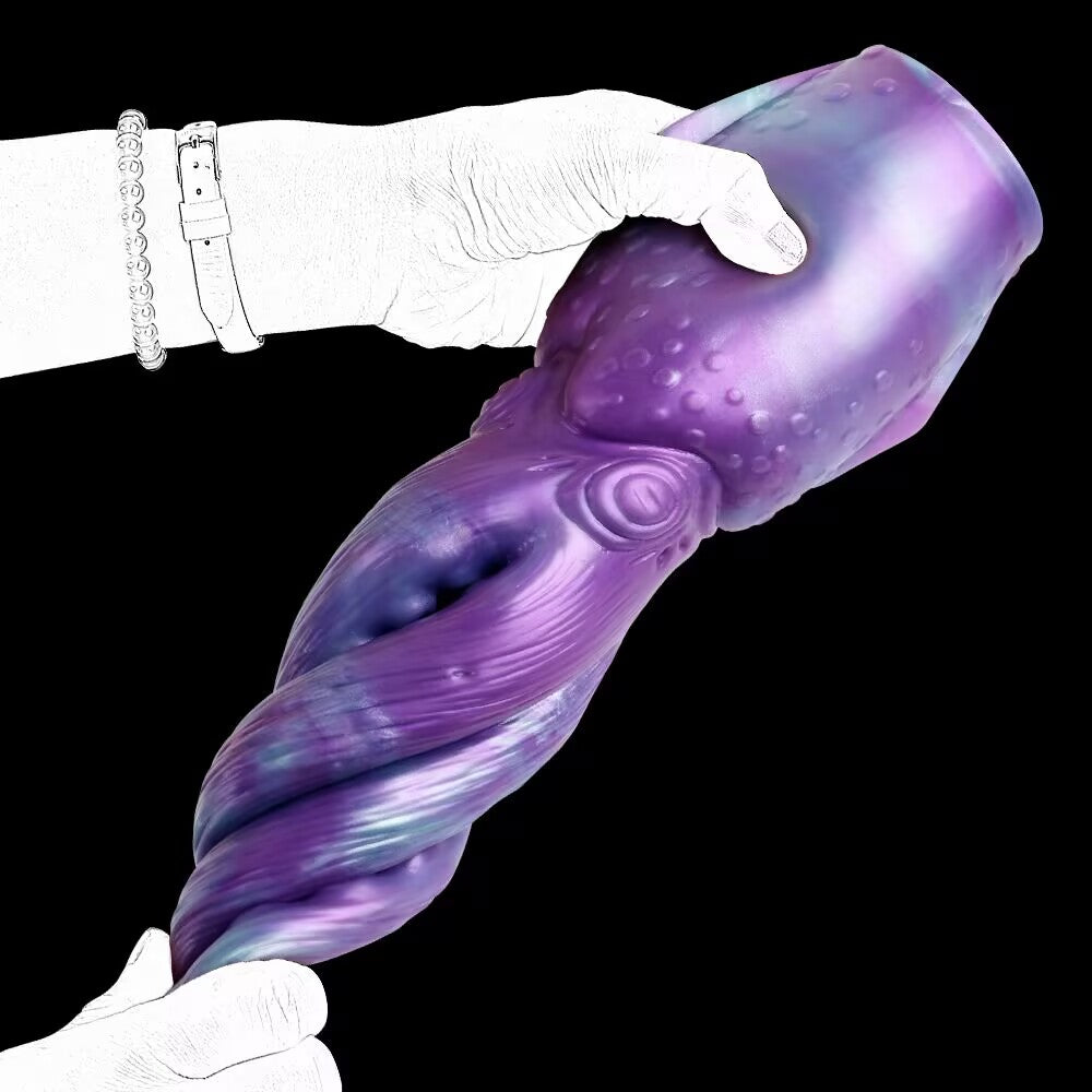 Hands demonstrating the soft silicone texture and flexibility of the purple Cthulhu tentacle masturbator sleeve